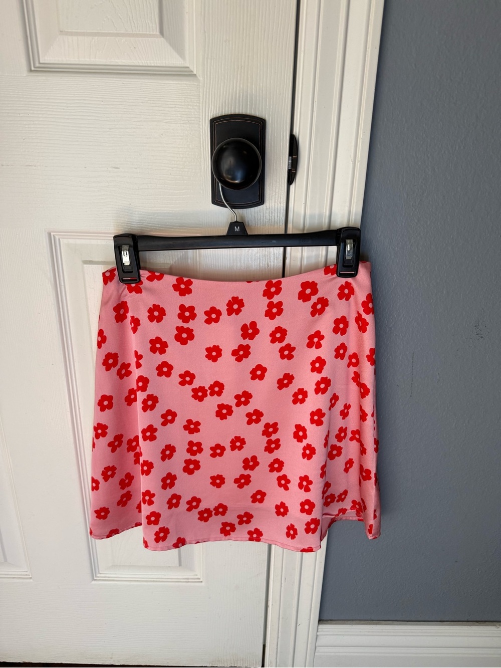 Floral Print Pink Mini Skirt with Red Flowers